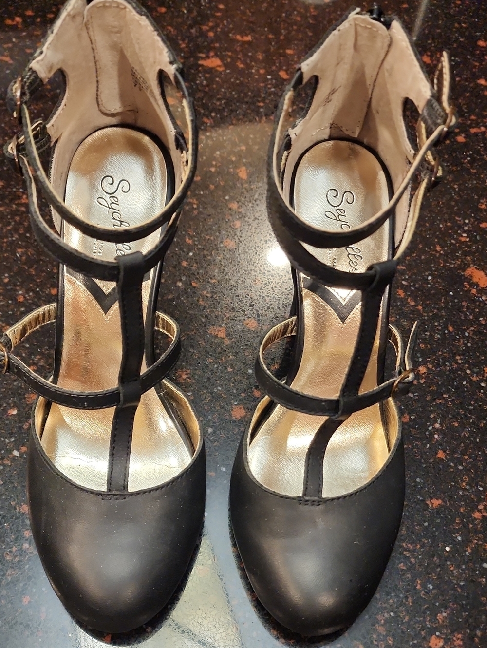 Seychelles Black T-Strap Heeled Sandals with Gold Insole